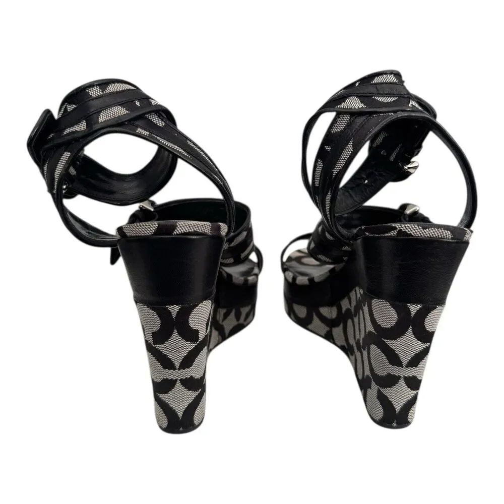 Coach Logo Maralee Wedge Jacquard Sandals Women’s 8.5B Black/Gray - Picture 6 of 9